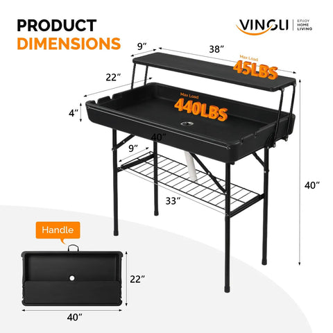 Front view of Portable Cooler Table With Extra Storage Shelf For Outdoor Parties And Entertaining Alloy Steel Black Finish Picetable Model, dimensions labeled.