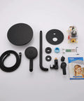 Iriber matte black wall-mounted shower kit with overhead shower head, handheld shower head, hose, valve, and fittings.