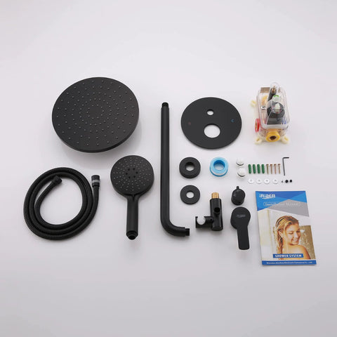 Iriber matte black wall-mounted shower kit with overhead shower head, handheld shower head, hose, valve, and fittings.