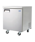 Heavy Duty Commercial Undercounter Freezer 27 Inch 6 Cubic Foot Stainless Steel Auto Defrost with wheels for easy mobility.