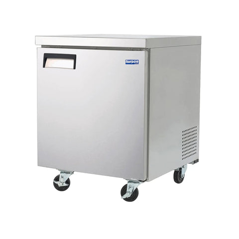 Heavy Duty Commercial Undercounter Freezer 27 Inch 6 Cubic Foot Stainless Steel Auto Defrost with wheels for easy mobility.