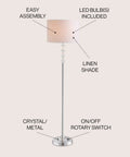Lit Glam Chrome And Crystal LED Floor Lamp With White Linen Drum Shade, 59.5 Inch, modern pole light with crystal accents visible