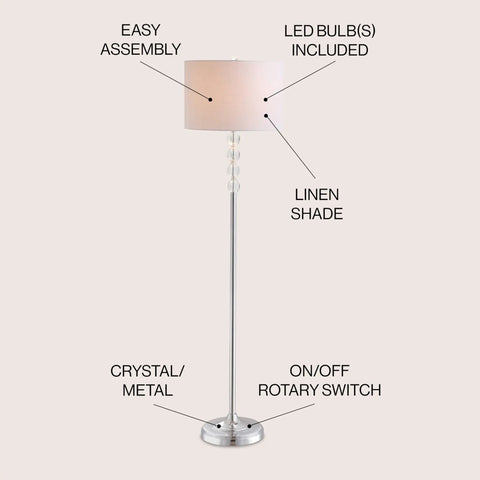 Lit Glam Chrome And Crystal LED Floor Lamp With White Linen Drum Shade, 59.5 Inch, modern pole light with crystal accents visible