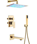 Slick Wall Mount Shower Kit With Led Glow And Tub Spout Boasting Crisp Square Rainfall Head and Handheld Spray in gold finish.