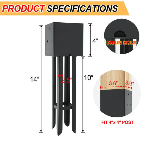 Product specifications for Beefy 4x4 Concrete Post Anchor Set For Wet Foundations Tough As Nails Post Base with measurements