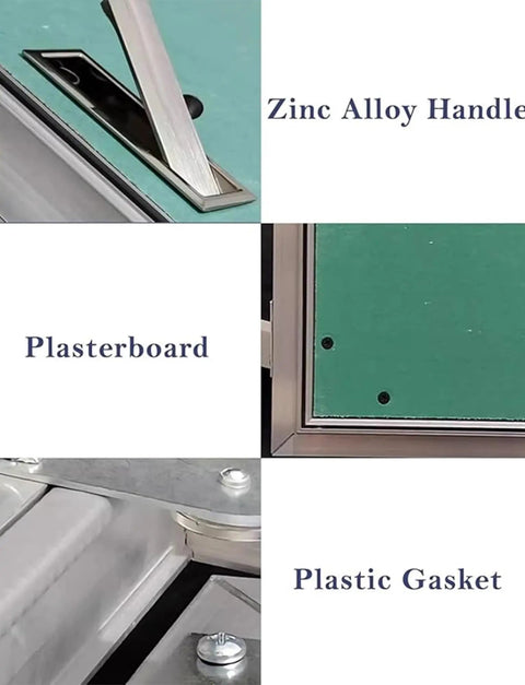Dead Nuts Secure 32X87 Inch Drywall Access Panel With Aluminum Frame And Touch Lock showing zinc alloy handle and plasterboard details.