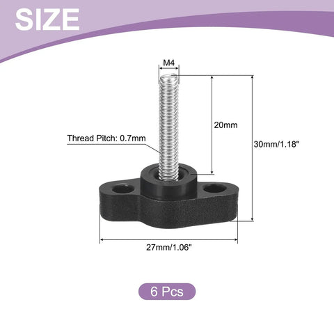 Rock Solid 6 Pack M4 X 20mm Tee Wing Knobs Stainless Steel Thumb Screws, dimensions diagram, showing sizes and pitch.