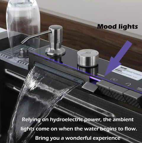 Stainless Steel Sink with Detachable Faucet Ello da Raindance Design Dual Waterfall (80×46×22cm) - Perfect for Home Use, showing mood lights and water flow.