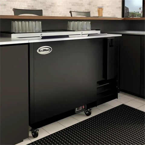 50 Inch Commercial Bottle Cooler 14 Cu Ft Freestanding Refrigerator With Built In Bottle Opener 3 Wide Shelves Digital Thermostat charcoal black unit by bar countertop.