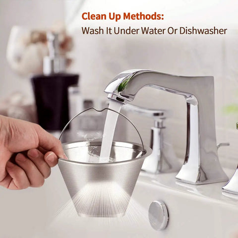 Hand washing Number Four Reusable Permanent Cone Coffee Filter under faucet, built to last stainless steel cone filter, no plastic.