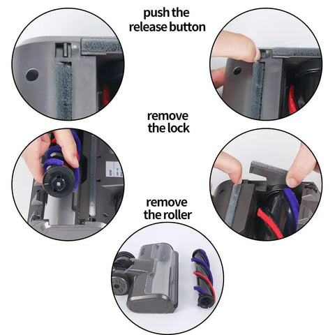 Instructions showing how to detach Hardwood Floor Attachment For Dyson V7 V8 V10 V11 V15 SV10 SV12 SV14 cordless vacuum cleaners.