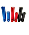 Blue, red, and black components of Carbon Fiber Look Steering Damper Kit For Dual Motor Electric Scooters displayed upright.