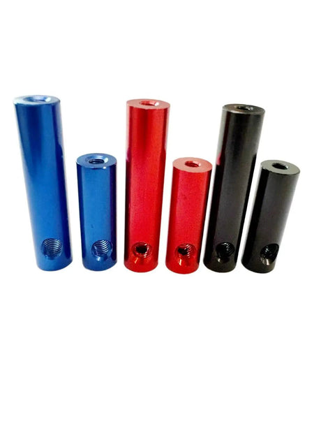 Blue, red, and black components of Carbon Fiber Look Steering Damper Kit For Dual Motor Electric Scooters displayed upright.