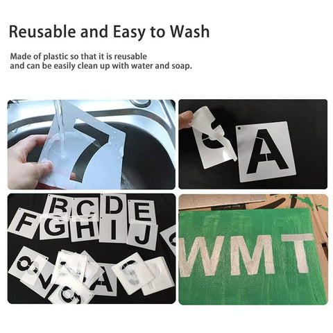 Collage of Reusable 2 Inch Letter Stencil Set For Wood Wall Fabric Rock And Signage DIY Art Projects 36 Alphabet And Number Stencils With Binder Ring.