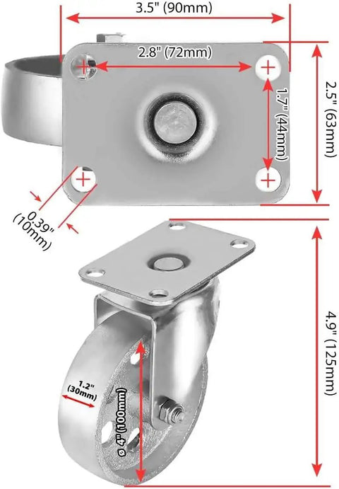 4 Inch All Steel Plate Casters Heavy Duty Iron Rollers Set Of 4 dimensions showing plate and wheel sizes for industrial cart use.