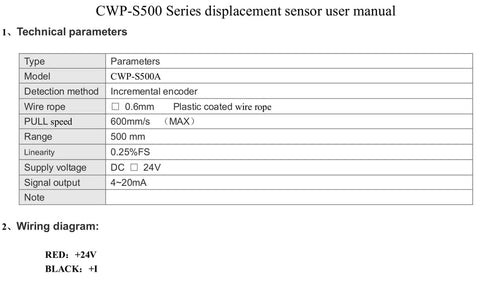 500mm Draw Wire Encoder With 24 V DC Supply And 4 To 20 mA Output, Industrial Grade Sensor Built For Heavy Duty Cylinders And Test Machines, 0.25 Percent FS Linearity user manual snippet with technical parameters.