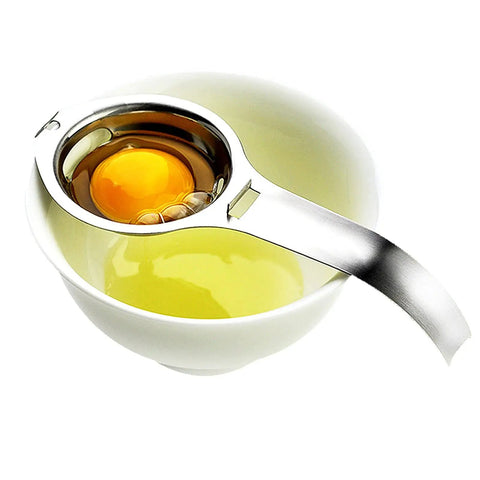 Stainless Steel Egg Separator And Yolk White Filter No Mess Kitchen Gadget with egg yolk held above bowl with whites