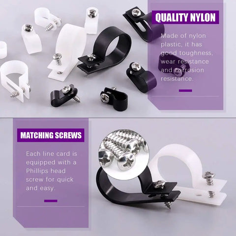 Assorted white and black R Type Nylon Cable Clip Kit 135 Pack Six Size Assortment For Wire Management With Screws