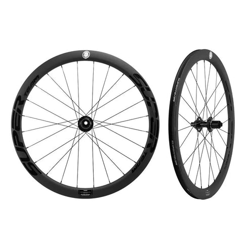 Aero Carbon Wheel Set With Center Lock Disc Hubs, 45mm Deep Clincher, 25mm Width, UD Matte Carbon Weave With UV Protection In Glossy Black.