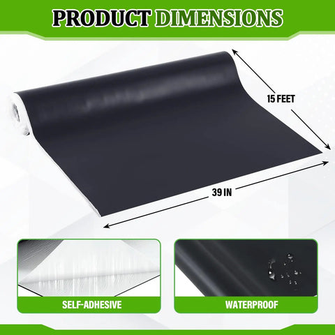 Heavy Duty EPDM Rubber Roofing Membrane Roll 50 Mil Thick 39 By 15 Feet Black vulcanized sheet showing dimensions and features.