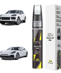 Carrara White Metallic S9R/2Y Porsche Touch Up Paint Kit with pen and packaging next to two white Porsche cars