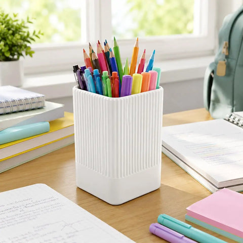 White Ribbed Pen Holder For Desk Square Pencil Cup Desk Organizer With Modern Fluted Look Minimalist Office Supplies For Pens And Pencils