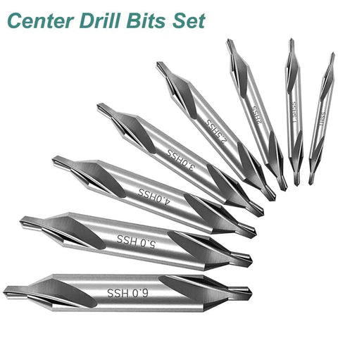8 Piece HSS Center Drill Bit Set With 60 Degree Countersink For Lathe Mill Metalworking Pro Grade High Speed Steel Includes Sizes 1 1.5 2 2.5 3 4 5 6 mm Durable Center Drills For Accurate Pilot Holes displayed in an arrangement.