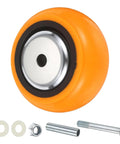 Heavy Duty 4 Inch Industrial Caster Wheel Replacement Kit With Mounting Hardware, orange wheel with metal core and hardware components.
