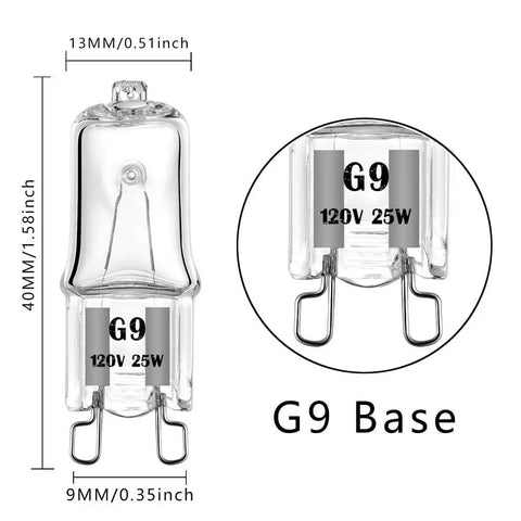 Close-up of G9 base 120V 25W light bulb with dimensions, part of Four Pack Microwave Light Bulbs Replacement For W10112515 AP5983626