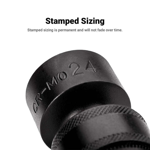 Close-up of Universal 15mm Impact Socket For Three Eighths Inch Drive with "CR-MO 24" stamping, showing sturdy chrome moly steel.