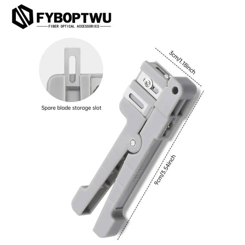 Close-up of gray Coaxial Cable Stripping Cutter Tool With Four Beefy Blades And Jacket Stripper, showing spare blade slot.