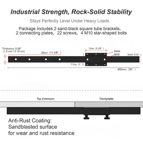 Heavy Duty Table Extension Brackets Set Of Two 26 Inch Carbon Steel Support Rails zero sag design shown with dimensions and anti-rust features.