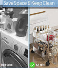 Before and after using the Two Tier Rolling Storage Cart On Wheels With Easy Grip Handle for neat laundry organization.