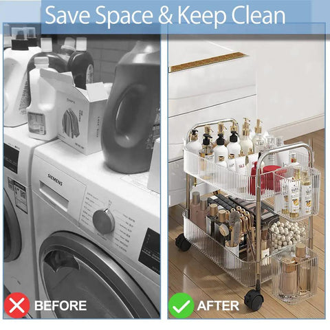 Before and after using the Two Tier Rolling Storage Cart On Wheels With Easy Grip Handle for neat laundry organization.