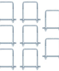 Eight Pack Two And A Half Inch Wide Square U Bolts For Trailer Boat Plumbing Roof Rack Electro Galvanized Steel Three Eighths Inch Thread Adjustable One And Three Eighths To Three And One Half Inch Low Carbon Heavy Duty Durable U Bolt Hardware arranged in a square pattern