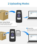Compact 2D And 1D Grab And Go Portable Handheld Barcode Scanner With Bluetooth 2.4G And USB Wired 3 In 1 Design For Windows Mac Android iOS Plug And Play QR Code Scanner demonstrating two uploading modes with boxes and laptops.