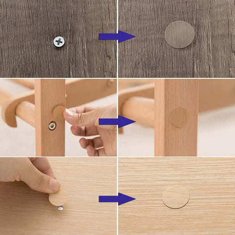 Top Notch 108 Piece Self Adhesive Screw Hole Plugs 20Mm Black Walnut Wood Grain Finish, showing installation on furniture screws.