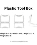 Diagram of Grab And Go Portable Plastic Tool Box With Integrated Handle For One Hand Carry, dimensions and design views shown.