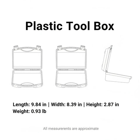 Diagram of Grab And Go Portable Plastic Tool Box With Integrated Handle For One Hand Carry, dimensions and design views shown.