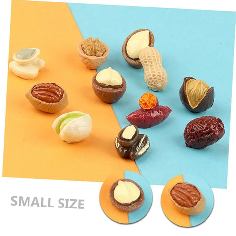 Miniature Resin Nut Ornaments Set For Dollhouse Food Decor displayed on orange and blue surface