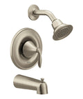 Brushed Nickel Posi-Temp Tub And Shower Trim Kit Without Valve For M-Pact System, showerhead, handle, and spout