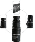 High Power 30x52 Mini Pocket Monocular with adjustable focus and BAK-7 prism, shown with close-up details for outdoor use
