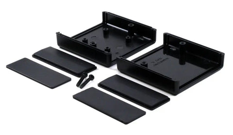 Black ABS Electronics Box With Removable End Panels And FR4 PCB, 2.6 by 2.6 by 1.1 Inches, disassembled view
