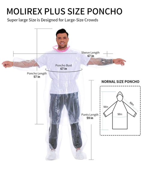 Plus Size Disposable Rain Poncho Set With Hood, 2 Pack Heavy Duty Waterproof Rain Gear on a model showcasing fit and size