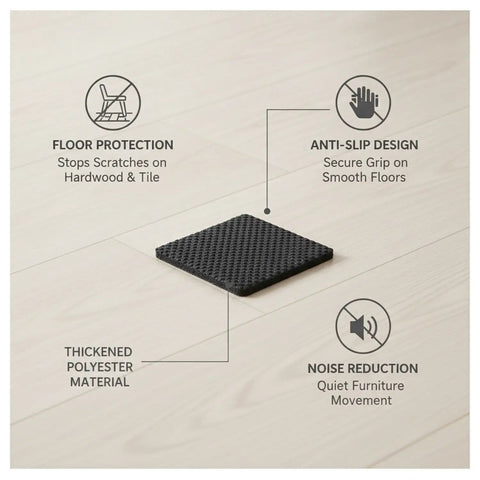 Black thickened furniture leg cap protector for hardwood and tile floors, highlighting slip-on design and noise reduction features.