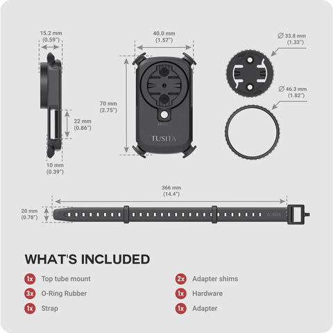 Diagram showing components of Top Tube MTB Mount For Mountain Bikes, including dimensions and parts like O-ring rubber and strap.