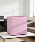 Slick Compact Upright Freezer Featuring Adjustable Temperature Settings Removable Shelf Reversible Door For Tight Kitchens in pink color.