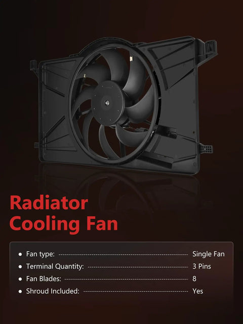Engine Radiator Cooling Fan Assembly Direct Bolt On Replacement Compatible With Ford Focus Electric And Gas Engines Zero Hassle Heavy Duty Motor Built Tough For Reliable Daily Cruising And Smooth Operation, single fan with 8 blades.