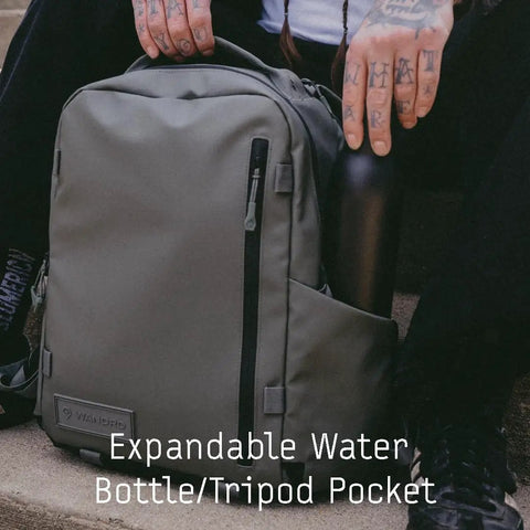 Prvke Zip 21L V4 Photography Bundle Weatherproof Travel Camera Backpack with expandable water bottle pocket in use