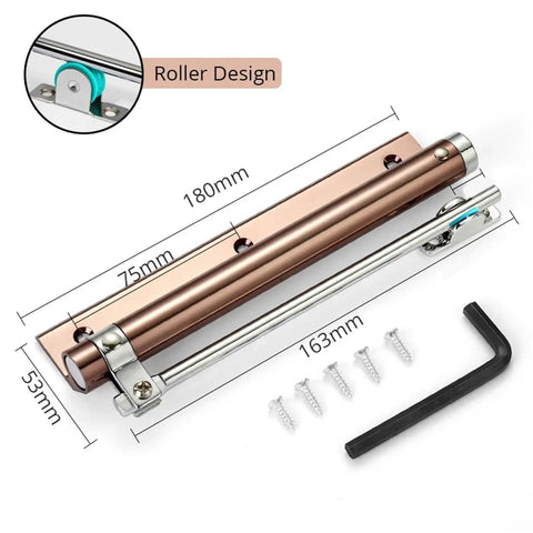 Heavy Duty Aluminum Door Closer With Adjustable Spring And Soft Close Action Rose Gold Hardware dimensions shown